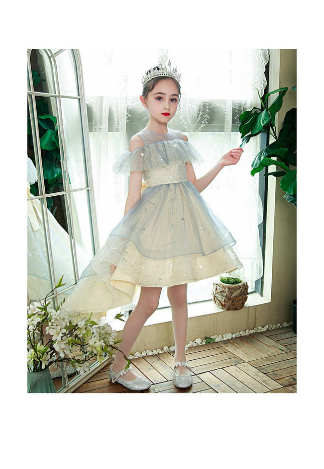 Girls Strapless Trailing Gowns Glitter Tulle Flower Girl Party Wedding Dresses