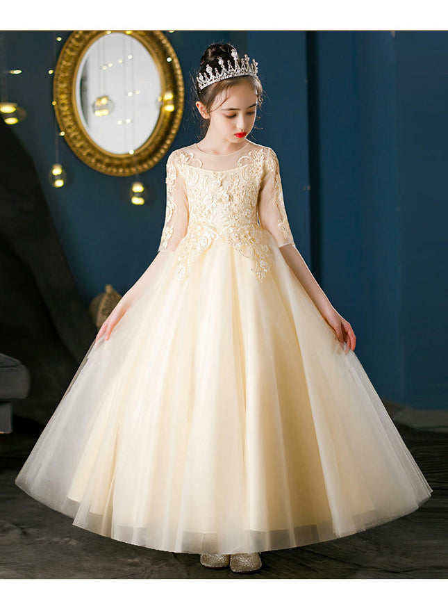 Flower Girl Dress Long Sleeve Kids Lace Pageant Party Christmas Ball Gown