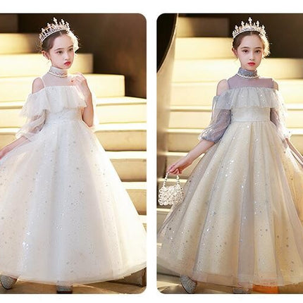 Flower Girl 4/3 Sleeve Party Gowns Princess Dresses Children Glitter Tulle Strapless Dresses