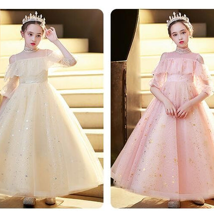 Flower Girl 4/3 Sleeve Party Gowns Princess Dresses Children Glitter Tulle Strapless Dresses