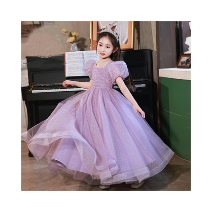 Puff Sleeve Party Gown Princess Dresses Kids Artificial Pearl Tulle Dresses