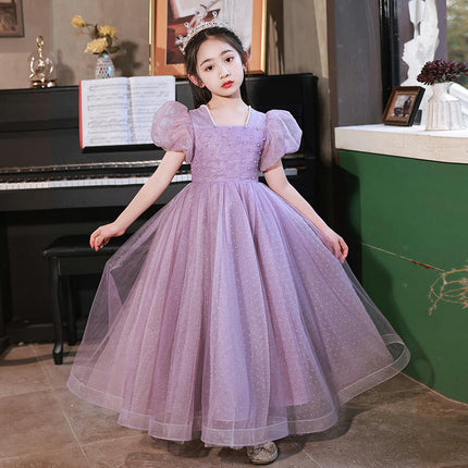 Puff Sleeve Party Gown Princess Dresses Kids Artificial Pearl Tulle Dresses