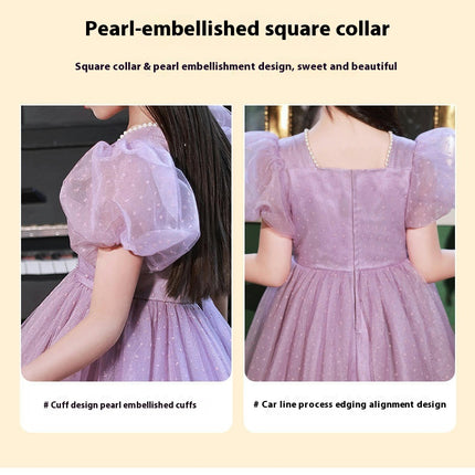 Puff Sleeve Party Gown Princess Dresses Kids Artificial Pearl Tulle Dresses