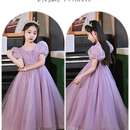 Puff Sleeve Party Gown Princess Dresses Kids Artificial Pearl Tulle Dresses