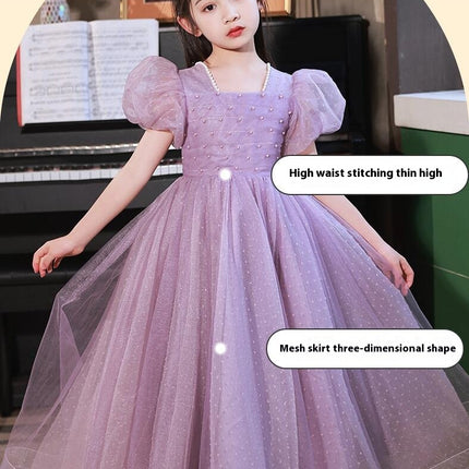 Puff Sleeve Party Gown Princess Dresses Kids Artificial Pearl Tulle Dresses