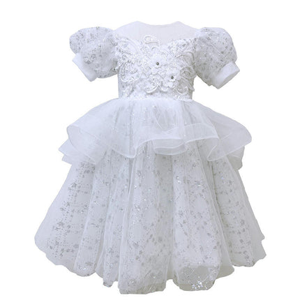 Flower Girl Bubble Sleeve Dress with Embellished Gowns Princess Dresses Kids Sparkly Tulle Dresses