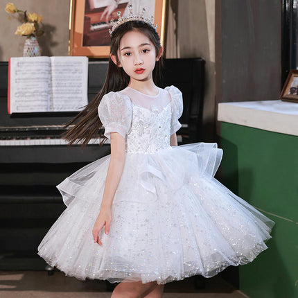 Flower Girl Bubble Sleeve Dress with Embellished Gowns Princess Dresses Kids Sparkly Tulle Dresses