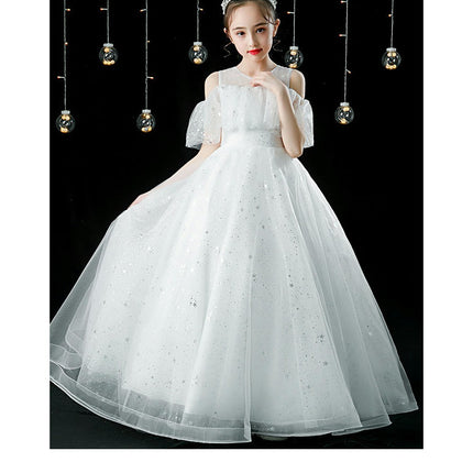 Flower Girl Sparkling Tulle Dress - Girls Long Dress Off Shoulder Princess Dress