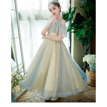 Flower Girl Sparkling Tulle Dress - Girls Long Dress Off Shoulder Princess Dress