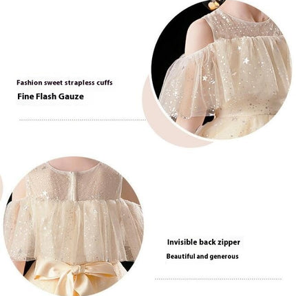 Flower Girl Sparkling Tulle Dress - Girls Long Dress Off Shoulder Princess Dress