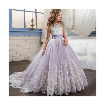 Girls Embroidery Princess Dress Wedding Birthday Party Long Tail Prom Gowns-A3