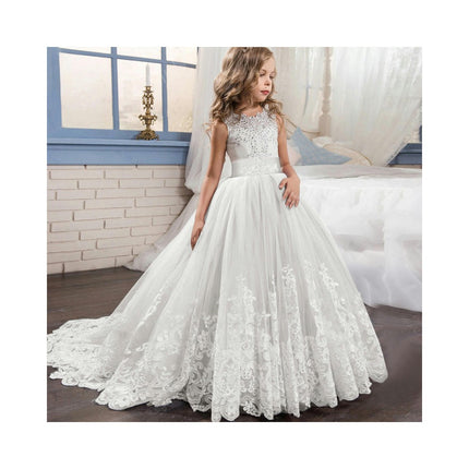 Girls Embroidery Princess Dress Wedding Birthday Party Long Tail Prom Gowns-A3