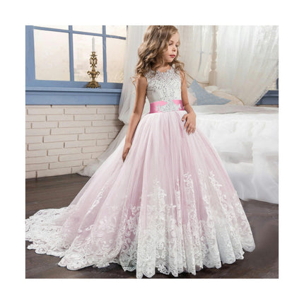 Girls Embroidery Princess Dress Wedding Birthday Party Long Tail Prom Gowns-A3