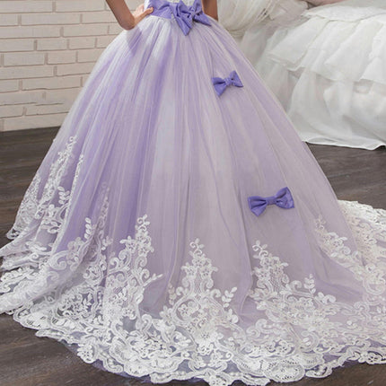 Girls Embroidery Princess Dress Wedding Birthday Party Long Tail Prom Gowns-A3