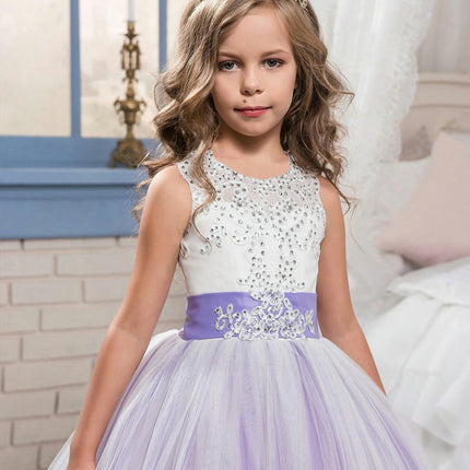 Girls Embroidery Princess Dress Wedding Birthday Party Long Tail Prom Gowns-A3