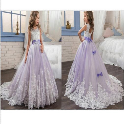 Girls Embroidery Princess Dress Wedding Birthday Party Long Tail Prom Gowns-A3