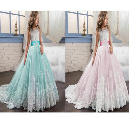 Girls Embroidery Princess Dress Wedding Birthday Party Long Tail Prom Gowns-A3