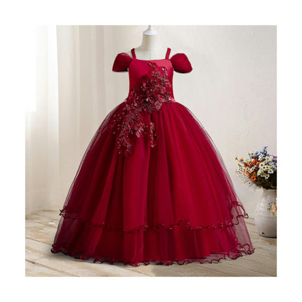 Girl Embroidery Strapless Shoulder Lace Princess Pageant Dress Prom Ball Gown