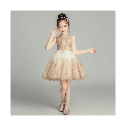 Gold Lace Flower Girls Pageant Dresses Long Puffy Prom Tulle Ball Gown-A1