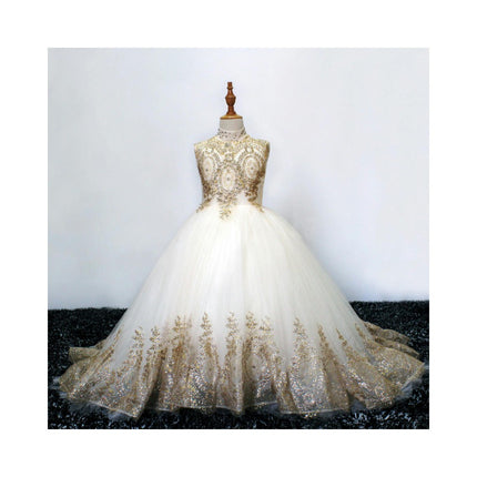 Gold Lace Flower Girls Pageant Dresses Long Puffy Prom Tulle Ball Gown-A1