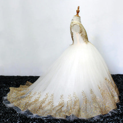 Gold Lace Flower Girls Pageant Dresses Long Puffy Prom Tulle Ball Gown-A1