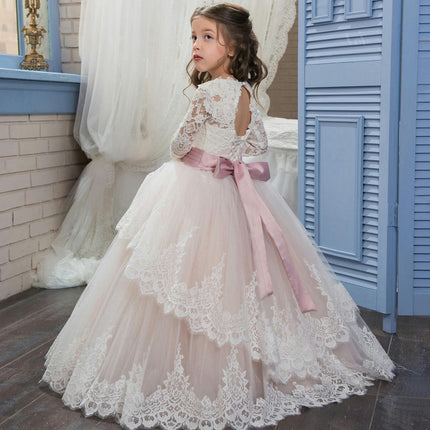 Girls' Long Sleeves Pageant Dresses Lace Princess Prom Dress Formal Ball Gowns