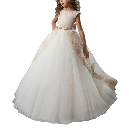 Fancy Flower Girl Dress Long Lace Pageant Puffy Tulle Ball Gown-A2