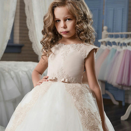 Fancy Flower Girl Dress Long Lace Pageant Puffy Tulle Ball Gown-A2