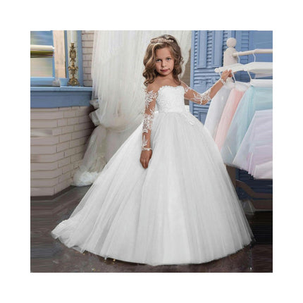 Lace Embroidery Sheer Long Sleeves Kids Trailing Gowns Birthday Party Dress