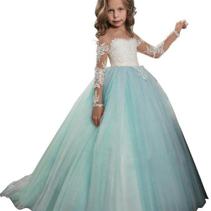 Lace Embroidery Sheer Long Sleeves Kids Trailing Gowns Birthday Party Dress