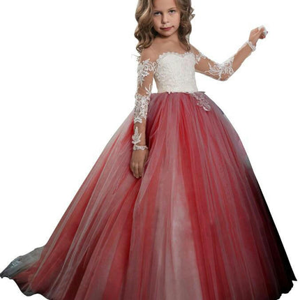 Lace Embroidery Sheer Long Sleeves Kids Trailing Gowns Birthday Party Dress