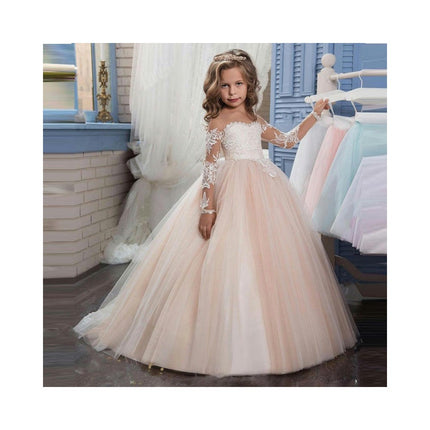 Lace Embroidery Sheer Long Sleeves Kids Trailing Gowns Birthday Party Dress