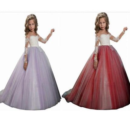 Lace Embroidery Sheer Long Sleeves Kids Trailing Gowns Birthday Party Dress