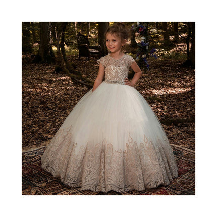 Girls Embroidery Princess Dress Wedding Birthday Party Long Tail Prom Gowns-A2