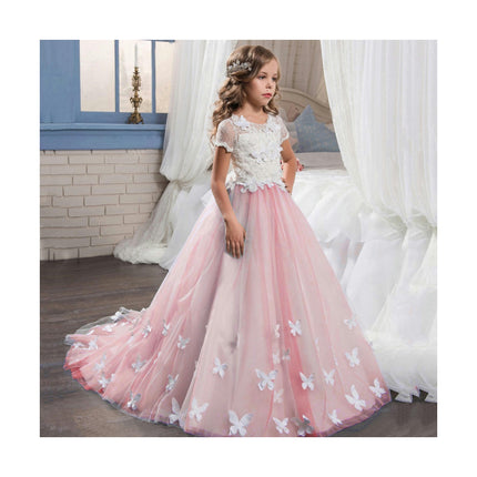 Short Sleeve Lace Princess Dress Party Prom Bowknot Flower Girl Wedding Pom Pom Dresses