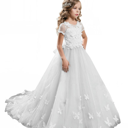 Short Sleeve Lace Princess Dress Party Prom Bowknot Flower Girl Wedding Pom Pom Dresses