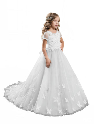 Short Sleeve Lace Princess Dress Party Prom Bowknot Flower Girl Wedding Pom Pom Dresses