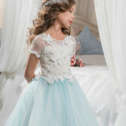 Short Sleeve Lace Princess Dress Party Prom Bowknot Flower Girl Wedding Pom Pom Dresses