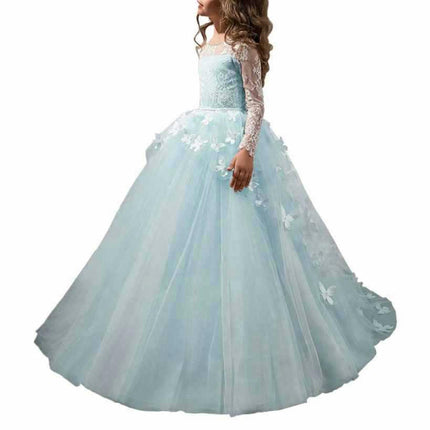 Lovely Flower Girl Dress Lace Embroidery Long Sleeves Prom Gown Long Floor-length Wedding Dress