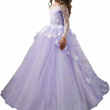 Lovely Flower Girl Dress Lace Embroidery Long Sleeves Prom Gown Long Floor-length Wedding Dress