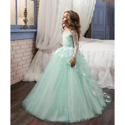 Lovely Flower Girl Dress Lace Embroidery Long Sleeves Prom Gown Long Floor-length Wedding Dress