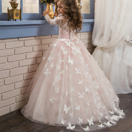 Lovely Flower Girl Dress Lace Embroidery Long Sleeves Prom Gown Long Floor-length Wedding Dress