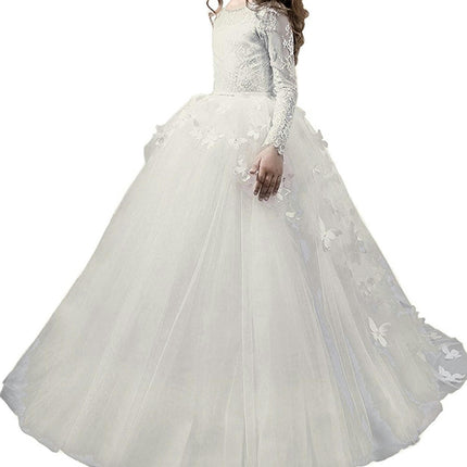 Lovely Flower Girl Dress Lace Embroidery Long Sleeves Prom Gown Long Floor-length Wedding Dress