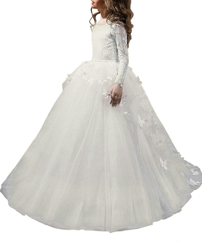 Lovely Flower Girl Dress Lace Embroidery Long Sleeves Prom Gown Long Floor-length Wedding Dress