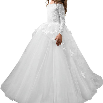 Lovely Flower Girl Dress Lace Embroidery Long Sleeves Prom Gown Long Floor-length Wedding Dress