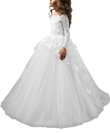 Lovely Flower Girl Dress Lace Embroidery Long Sleeves Prom Gown Long Floor-length Wedding Dress