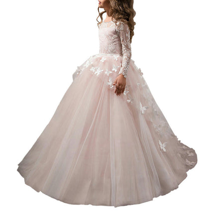 Lovely Flower Girl Dress Lace Embroidery Long Sleeves Prom Gown Long Floor-length Wedding Dress