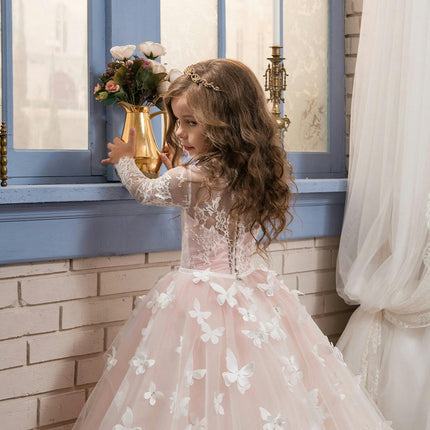 Lovely Flower Girl Dress Lace Embroidery Long Sleeves Prom Gown Long Floor-length Wedding Dress