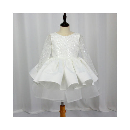 Kids Wedding Dresses - Girls Long Sleeve Lace Sequin Performance Birthday Tutu Skirt