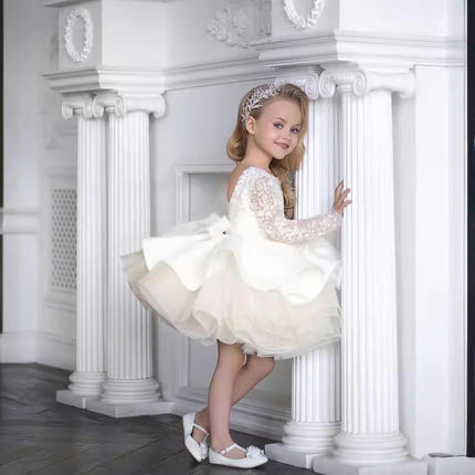 Kids Wedding Dresses - Girls Long Sleeve Lace Sequin Performance Birthday Tutu Skirt